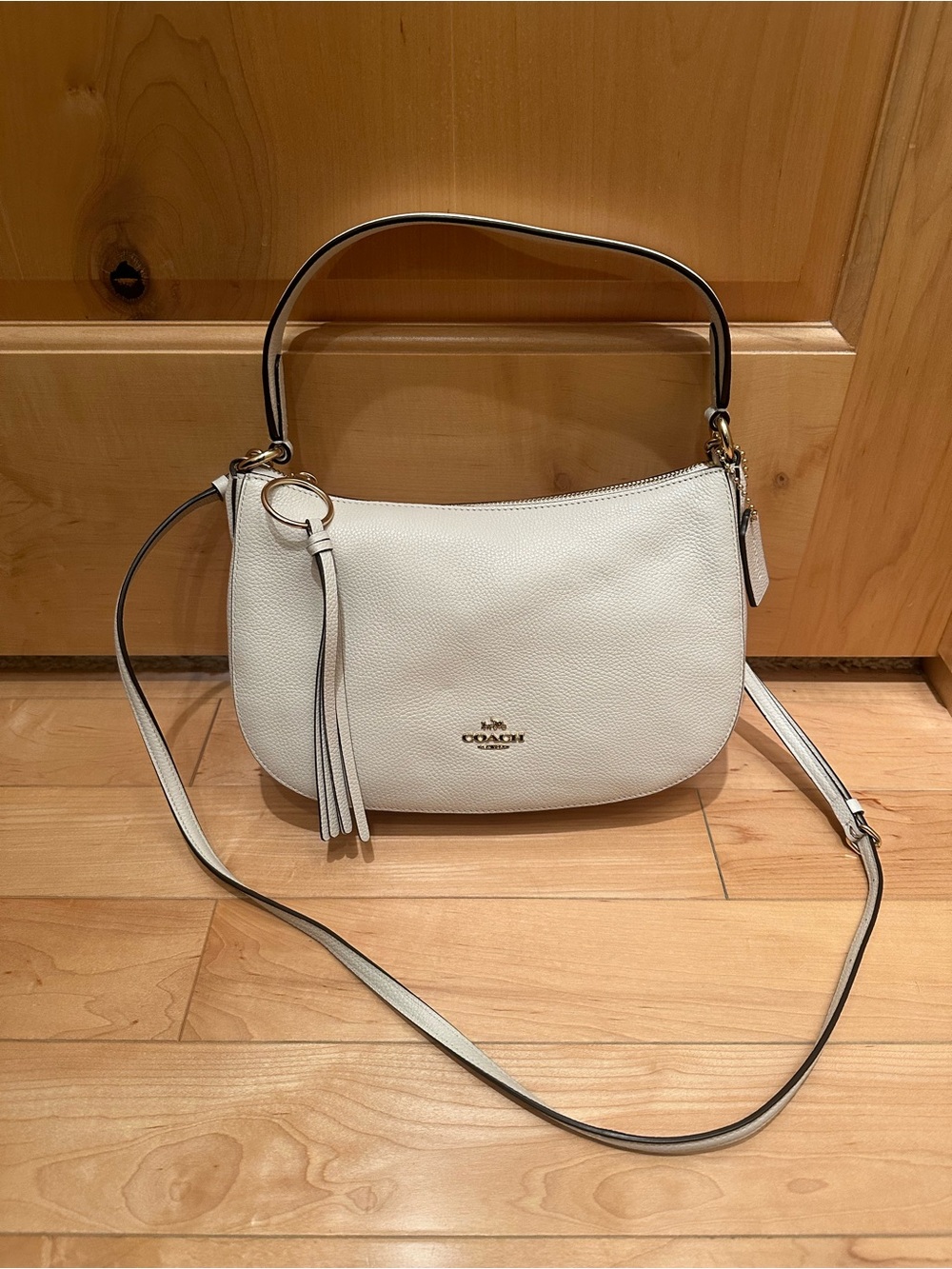 Coach Ivory Pebbled Leather Shoulder Crossbody Bag with Tassel